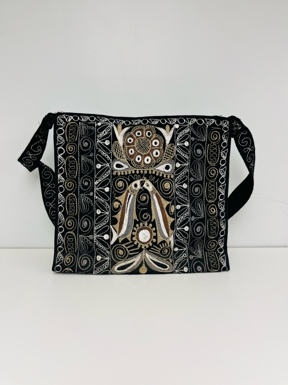 Black, Tan and White Boho Embroidered Shoulder Bag